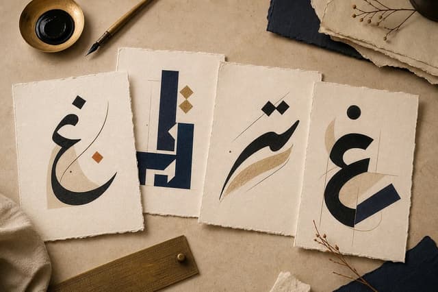 Four paper specimens comparing flowing, geometric, and modern Arabic letterform styles